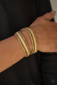 Paparazzi Going For Glam - Brass - Aurum Rhinestones - Tan Suede - Double Wrap / Snap Bracelet - $5 Jewelry With Ashley Swint