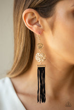 Load image into Gallery viewer, Paparazzi Lotus Gardens - Gold - Black Cording / Thread / Tassel Streams - Hammered Discs - Earrings - Life of the Party Exclusive - October 2019 - $5 Jewelry with Ashley Swint