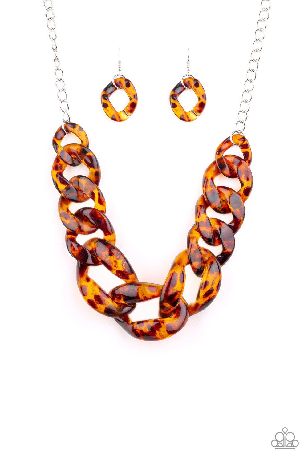 Paparazzi Red-HAUTE Mama - Brown - Tortoise Shell Finish Acrylic - Silver Chain Necklace & Earrings - $5 Jewelry with Ashley Swint