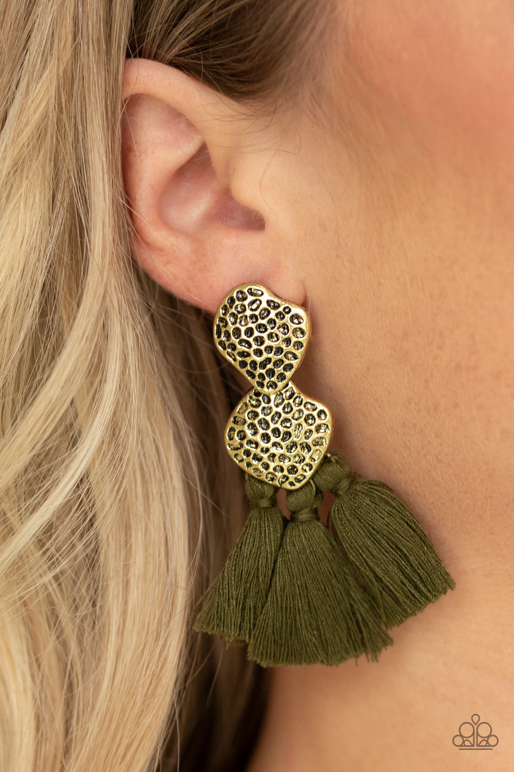 Paparazzi Tenacious Tassel - Green - Thread / Tassel / Fringe - Hammered Brass - Earrings - $5 Jewelry with Ashley Swint