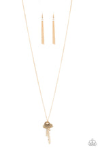 Load image into Gallery viewer, Paparazzi The Keynoter - Gold - Keys swing from Shimmery Gold Chain - Necklace &amp; Earrings - $5 Jewelry With Ashley Swint