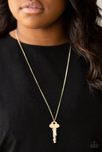 Load image into Gallery viewer, Paparazzi The Keynoter - Gold - Keys swing from Shimmery Gold Chain - Necklace &amp; Earrings - $5 Jewelry With Ashley Swint