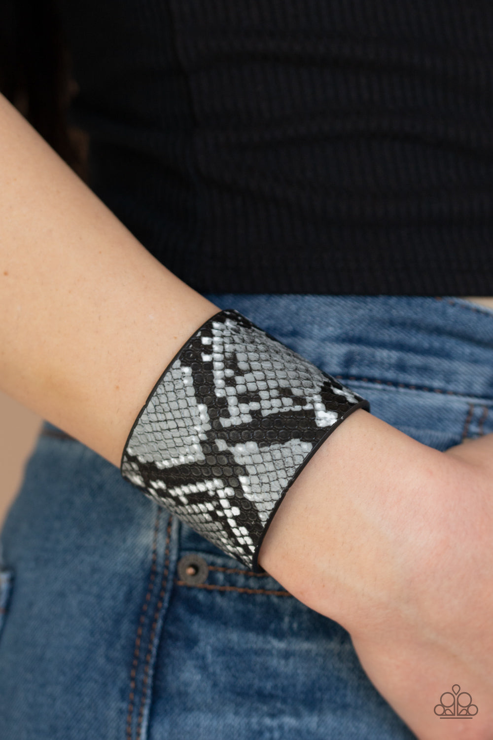 Paparazzi The Rest Is HISS-tory - Silver - Gray and Black Python Print - Black Leather - Bracelet - $5 Jewelry with Ashley Swint