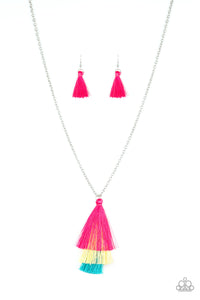 Paparazzi Triple The Tassel - Multi - Pink, Yellow and Blue Thread - Fringe Tassel Necklace and matching Earrings - $5 Jewelry With Ashley Swint