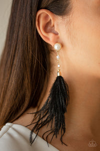 Paparazzi Vegas Vixen - Black - Soft Feathers - Pearl Dotted Gold Frames - Earrings - $5 Jewelry with Ashley Swint