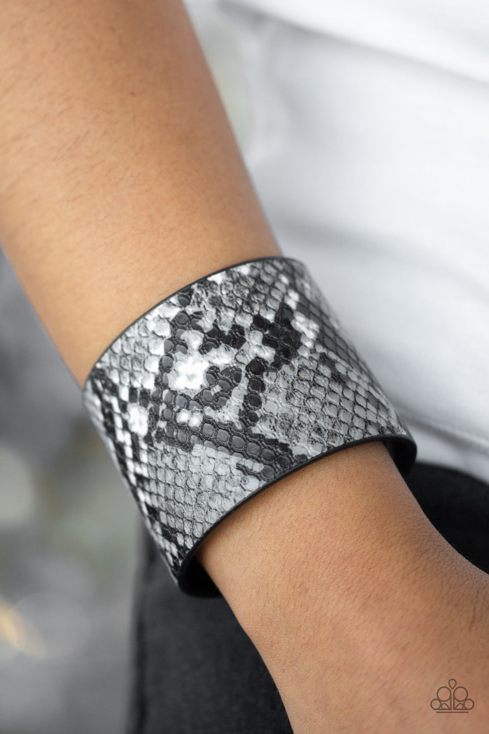 Paparazzi Whats HISS Is Mine - Silver Python Print - Thick Black Leather - Bracelet - $5 Jewelry with Ashley Swint