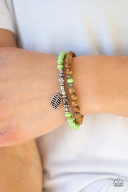 Paparazzi Wonderfully Woodland - Green Wooden Beads - Silver Leaf Charm - Bracelet - $5 Jewelry With Ashley Swint