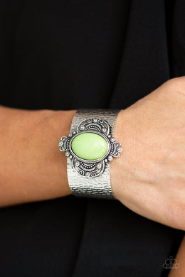 Paparazzi Yes I CANYON - Green Stone - Silver Hammered Cuff Bracelet - $5 Jewelry With Ashley Swint