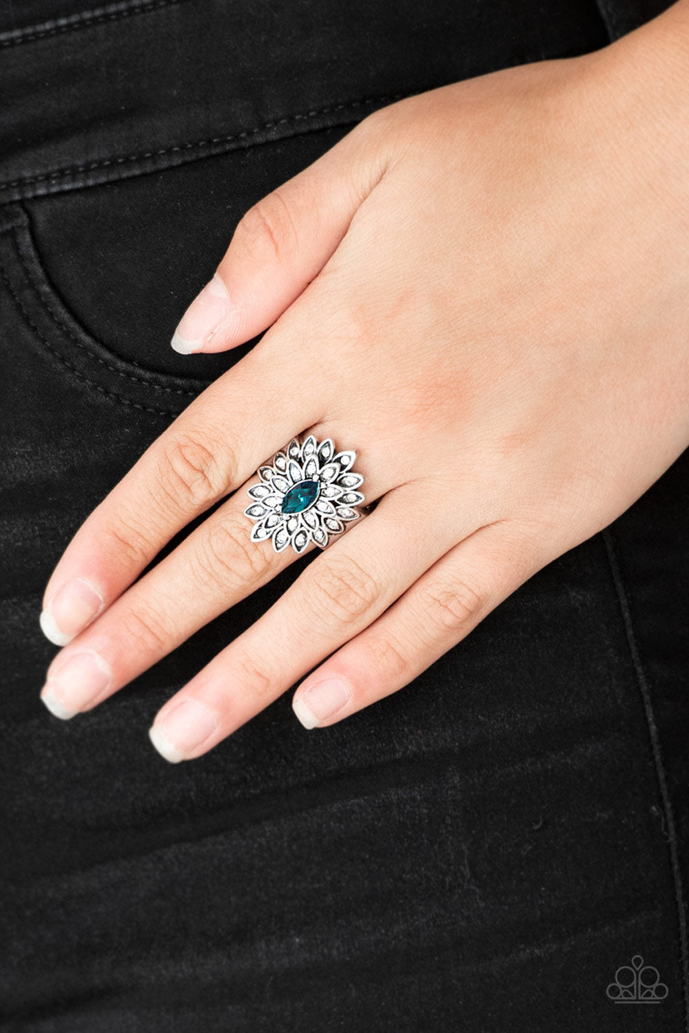 Paparazzi Blooming Fireworks - Blue Marquise Rhinestone - White Rhinestones - Ring - $5 Jewelry With Ashley Swint