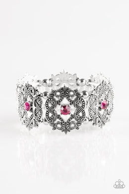 Paparazzi EMPRESS-ive Shimmer - Pink Rhinestones - Ornate Silver Stretchy Band Bracelet - $5 Jewelry With Ashley Swint