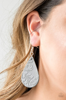 Paparazzi Feelin Groovy - Silver/ Earthy Gray Leather - Teardrop Stamped in Feathery Paisley - Earrings - $5 Jewelry With Ashley Swint