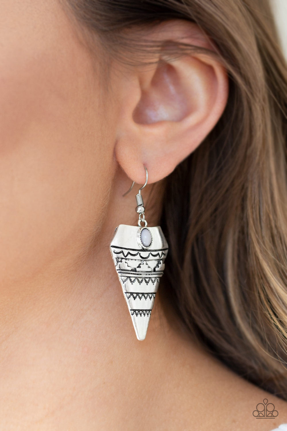 Paparazzi Jurassic Journey - Silver - Gray Bead - Silver Embossed Triangular Earrings - $5 Jewelry With Ashley Swint