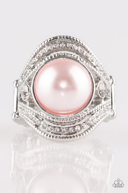 Paparazzi Quite Queen Mary - Pink Pearl - White Rhinestones - Silver Ring - $5 Jewelry With Ashley Swint