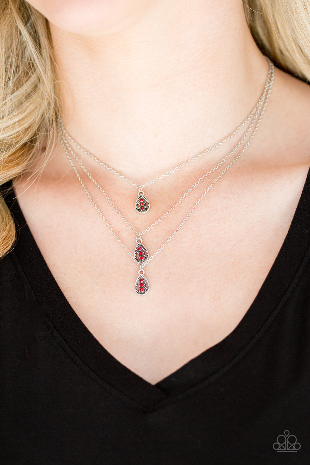 Paparazzi Radiant Rainfall - Red Rhinestones - Silver Necklace and matching Earrings - $5 Jewelry With Ashley Swint