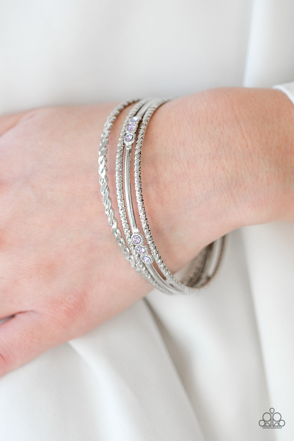 Paparazzi Subtle Shimmer - Purple Rhinestones - Set of 4 Bangle Bracelets - $5 Jewelry With Ashley Swint