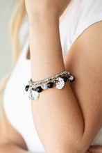 Load image into Gallery viewer, Paparazzi Charming Treasure - Black - Hammered Silver Disc, Smoky Crystals - Stretchy Band Bracelet - $5 Jewelry with Ashley Swint
