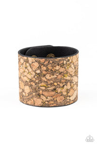 Paparazzi Cork Congo - Brass - Black Leather Band - Wrap / Snap Bracelet - $5 Jewelry with Ashley Swint