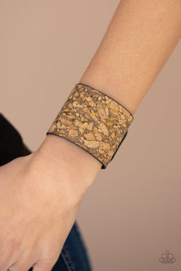 Paparazzi Cork Congo - Brass - Black Leather Band - Wrap / Snap Bracelet - $5 Jewelry with Ashley Swint