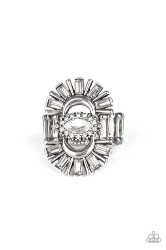 Paparazzi Deco Diva - White - Emerald Cut Rhinestone - Antiqued Silver Ring - Life of the Party Exclusive October 2019 - $5 Jewelry with Ashley Swint