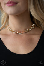 Load image into Gallery viewer, Paparazzi Empo-HER-ment - Gold - White Rhinestones - Choker Necklace &amp; Earrings - $5 Jewelry With Ashley Swint