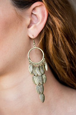 Paparazzi Feather Frenzy - Brass - Feathers Stream from Brass Hoop - Earrings - $5 Jewelry with Ashley Swint