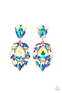 A stellar collection of marquise cut iridescent rhinestones nestle around an oversized teardrop iridescent rhinestone, creating a dramatically stellar display at the bottom of a matching oil spill teardrop rhinestone. Earring attaches to a standard post fitting.  Sold as one pair of post earrings.