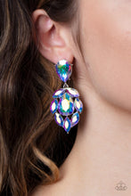 Load image into Gallery viewer, A stellar collection of marquise cut iridescent rhinestones nestle around an oversized teardrop iridescent rhinestone, creating a dramatically stellar display at the bottom of a matching oil spill teardrop rhinestone. Earring attaches to a standard post fitting.  Sold as one pair of post earrings.