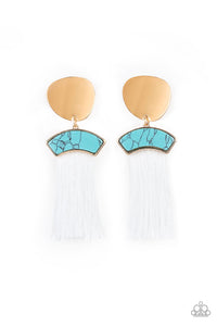 Paparazzi Insta Inca - Blue - Turquoise Stone - White Thread / Fringe / Tassel - Gold Post Earrings - $5 Jewelry with Ashley Swint