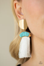 Load image into Gallery viewer, Paparazzi Insta Inca - Blue - Turquoise Stone - White Thread / Fringe / Tassel - Gold Post Earrings - $5 Jewelry with Ashley Swint