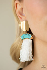 Paparazzi Insta Inca - Blue - Turquoise Stone - White Thread / Fringe / Tassel - Gold Post Earrings - $5 Jewelry with Ashley Swint