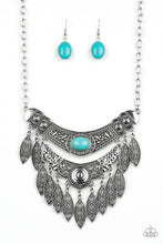 Load image into Gallery viewer, Paparazzi Island Queen - Blue - Turquoise Stone - Silver Hammer, Studded, Embossed Filigree Necklace and matching Earrings - $5 Jewelry with Ashley Swint