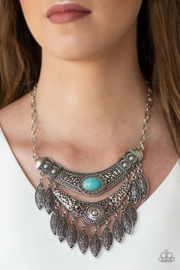Paparazzi Island Queen - Blue - Turquoise Stone - Silver Hammer, Studded, Embossed Filigree Necklace and matching Earrings - $5 Jewelry with Ashley Swint