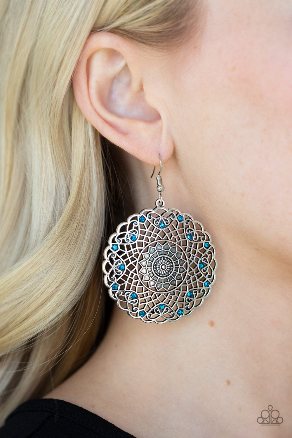 Paparazzi Mandala Mandalay - Blue Rhinestones - Silver Earrings - $5 Jewelry With Ashley Swint