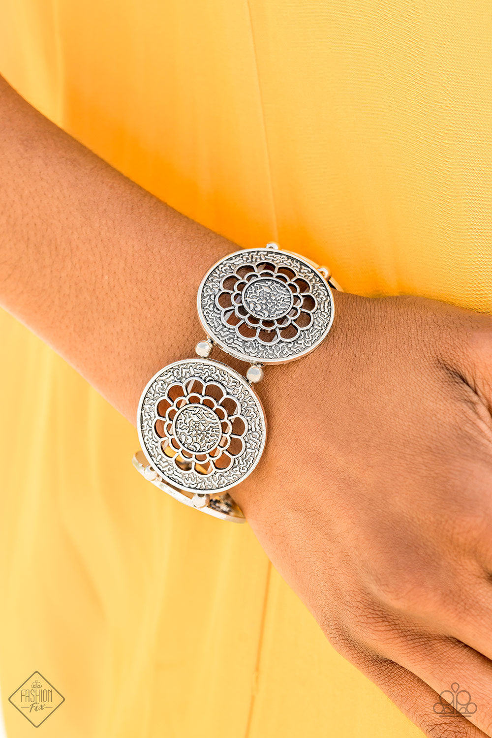 Paparazzi Marigold Medallions Silver Beads - Floral Discs - Stretchy Bracelet - Fashion Fix Exclusive September 2019 - $5 Jewelry With Ashley Swint