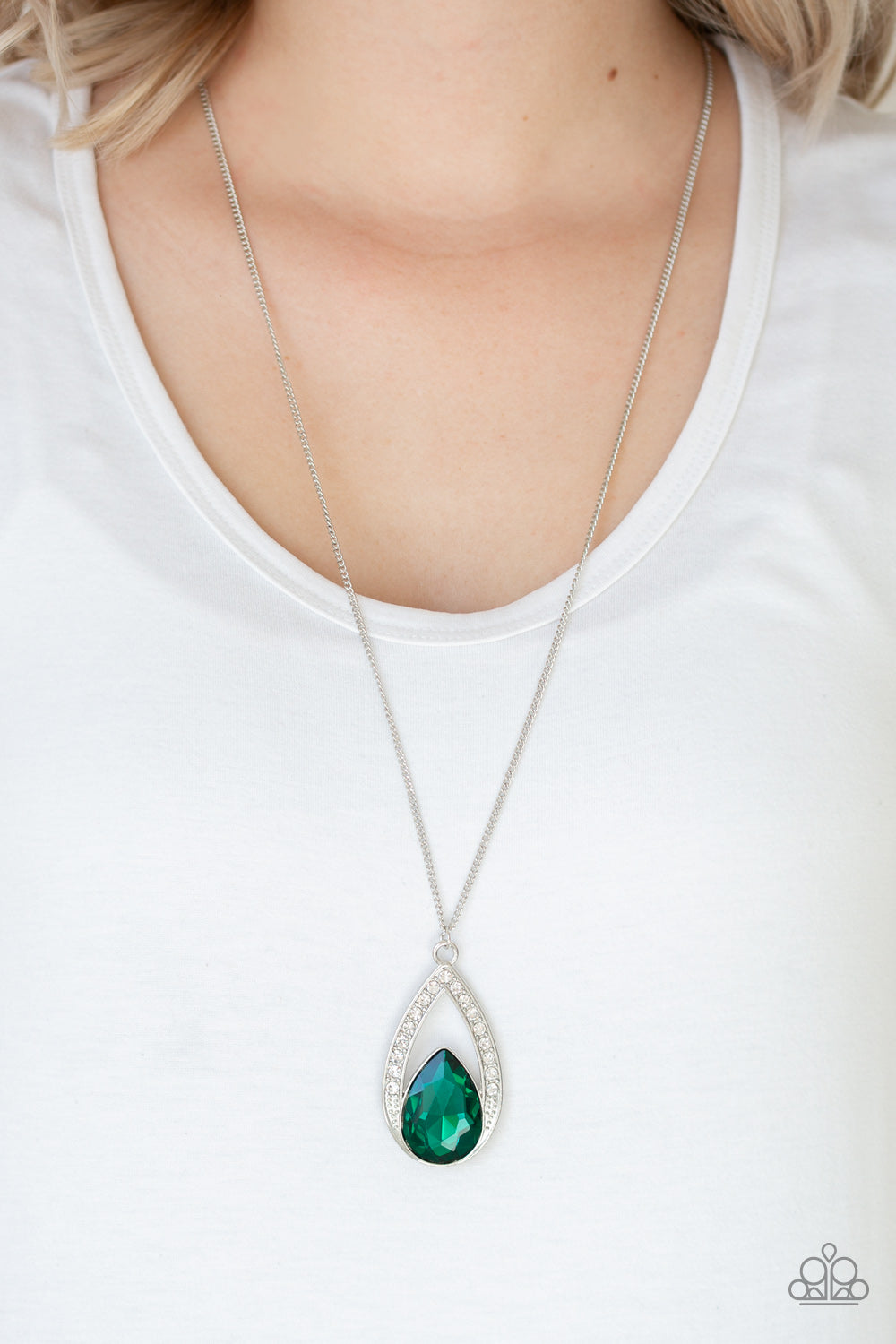 Paparazzi Notorious Noble - Green Teardrop Gem - White Rhinestones - Necklace & Earrings - $5 Jewelry With Ashley Swint