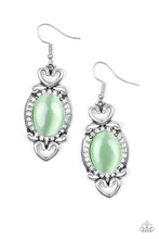 Load image into Gallery viewer, Paparazzi Port Royal Princess - Green Moonstone - White Rhinestones - Silver Heart - Earrings - $5 Jewelry With Ashley Swint