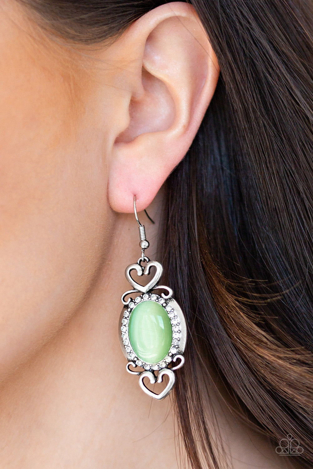 Paparazzi Port Royal Princess - Green Moonstone - White Rhinestones - Silver Heart - Earrings - $5 Jewelry With Ashley Swint