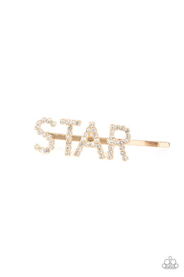 Paparazzi Star In Your Own Show - GOLD - White Glittery Rhinestones - Bobby Pin Hair Clip - $5 Jewelry with Ashley Swint