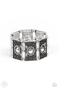 Paparazzi Tycoon Texture - White Rhinestones - Filigree Silver - Stretchy Band Bracelet - Fashion Fix Exclusive October 2019 - $5 Jewelry with Ashley Swint