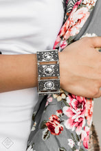 Load image into Gallery viewer, Paparazzi Tycoon Texture - White Rhinestones - Filigree Silver - Stretchy Band Bracelet - Fashion Fix Exclusive October 2019 - $5 Jewelry with Ashley Swint