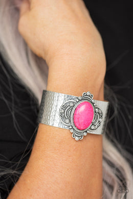 Paparazzi Yes I CANYON - Pink Stone - Silver Hammered Cuff Bracelet - $5 Jewelry with Ashley Swint