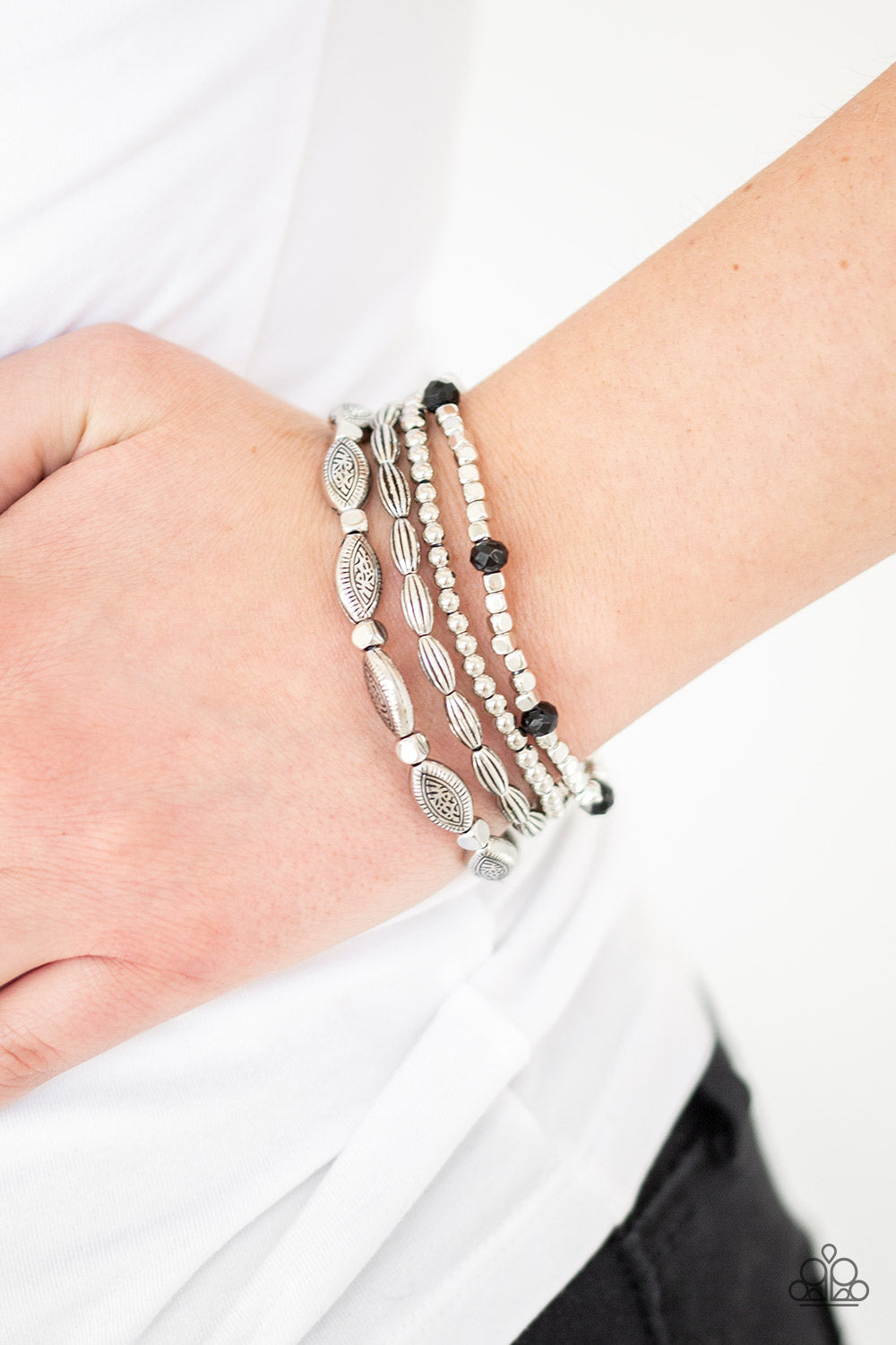 Paparazzi Full Of WANDER - Black Beads - Silver Set of 4 Bracelets - $5 Jewelry With Ashley Swint