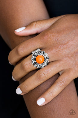 Paparazzi Garden Stroll - Orange Bead - Silver Floral Frame Swirling Detail - Ring - $5 Jewelry with Ashley Swint
