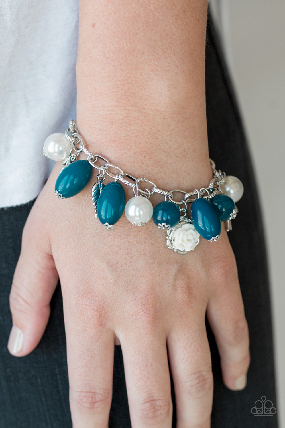 Paparazzi Love Doves - Blue - White Pearls - Shiny Silver Charms, Bird and Feather - Bracelet - $5 Jewelry With Ashley Swint