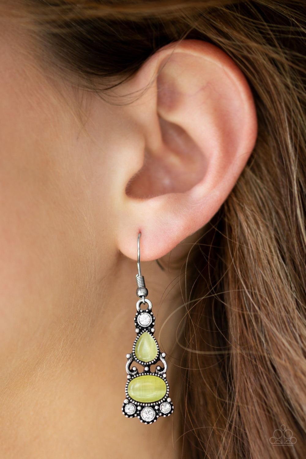 Paparazzi Push Your LUXE - Yellow Moonstone - White Rhinestones Silver Earrings - $5 Jewelry With Ashley Swint