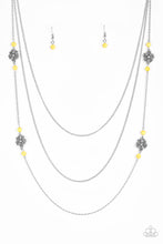 Load image into Gallery viewer, Paparazzi Hibiscus Hideaway - Yellow - Silver Floral Charms - Triple Chain Necklace &amp; Earrings - $5 Jewelry With Ashley Swint