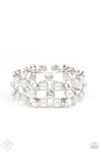 Paparazzi Diamonds and Debutantes - White - Pearls & Rhinestones - GORGEOUS Stretchy Bracelet - Fashion Fix Exclusive October 2019 - $5 Jewelry With Ashley Swint
