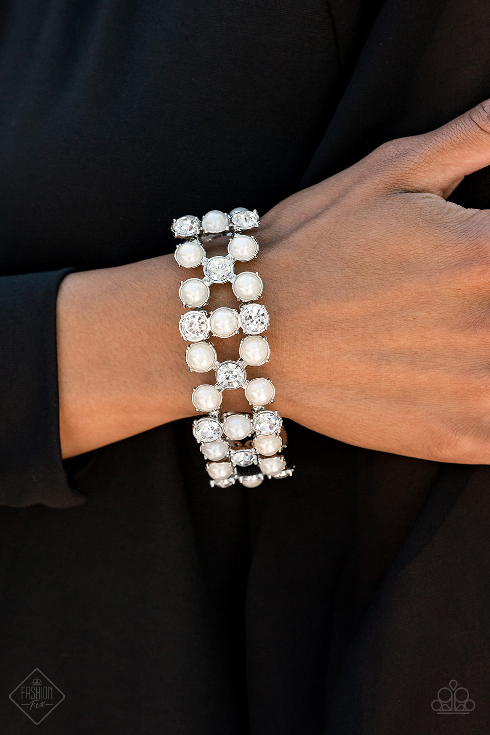 Paparazzi Diamonds and Debutantes - White - Pearls & Rhinestones - GORGEOUS Stretchy Bracelet - Fashion Fix Exclusive October 2019 - $5 Jewelry With Ashley Swint