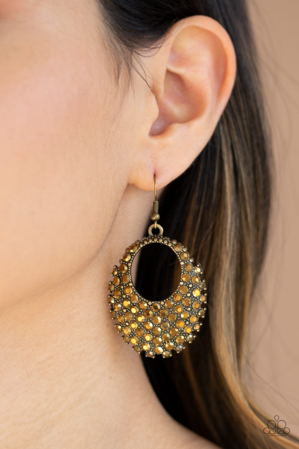 Paparazzi Fierce Flash - Brass - Aurum Rhinestones - Earrings - $5 Jewelry with Ashley Swint