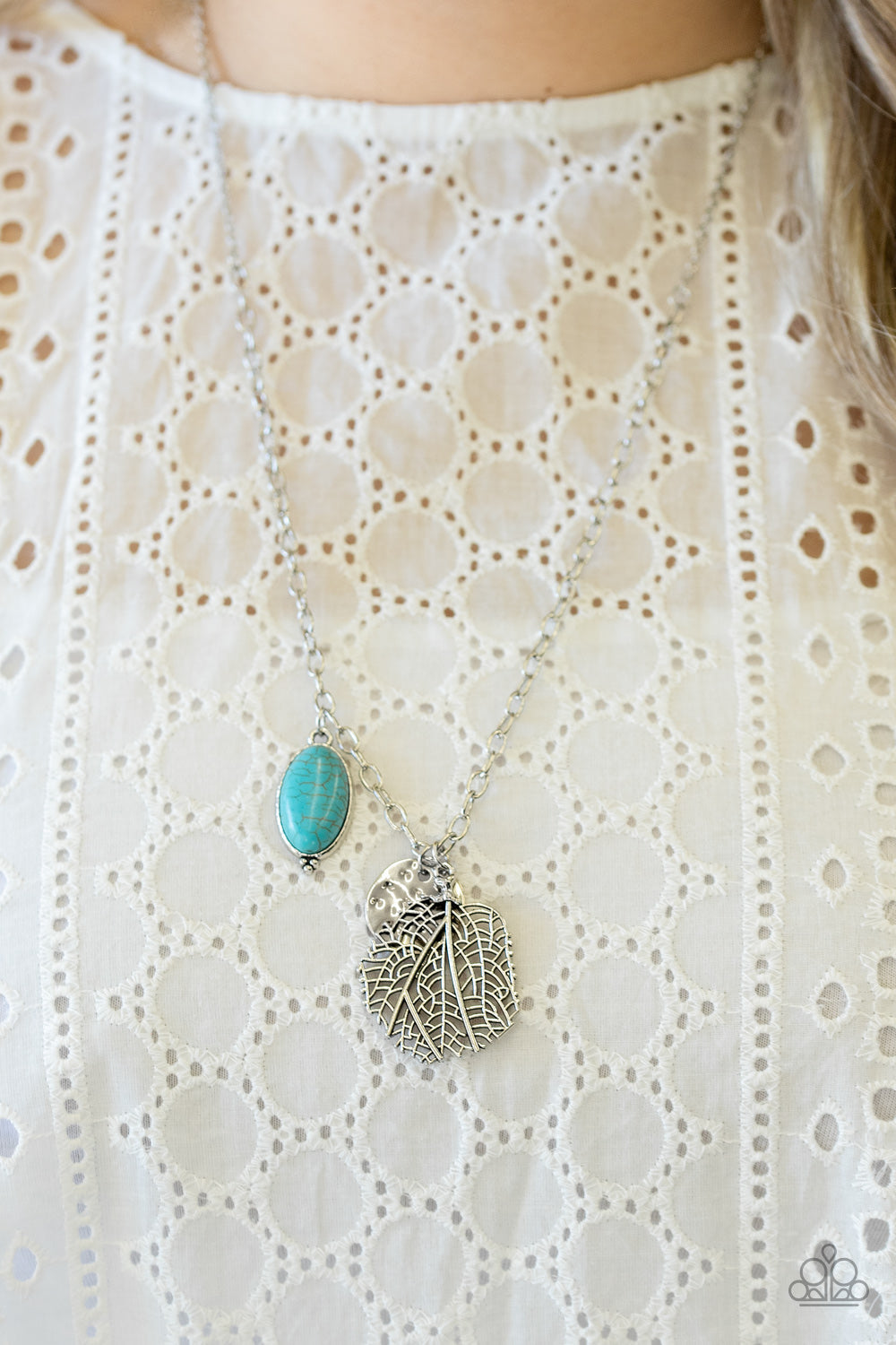 Paparazzi Free-Spirited Forager - Blue - Turquoise Stone - Leaf Charm - Necklace & Earrings - $5 Jewelry with Ashley Swint